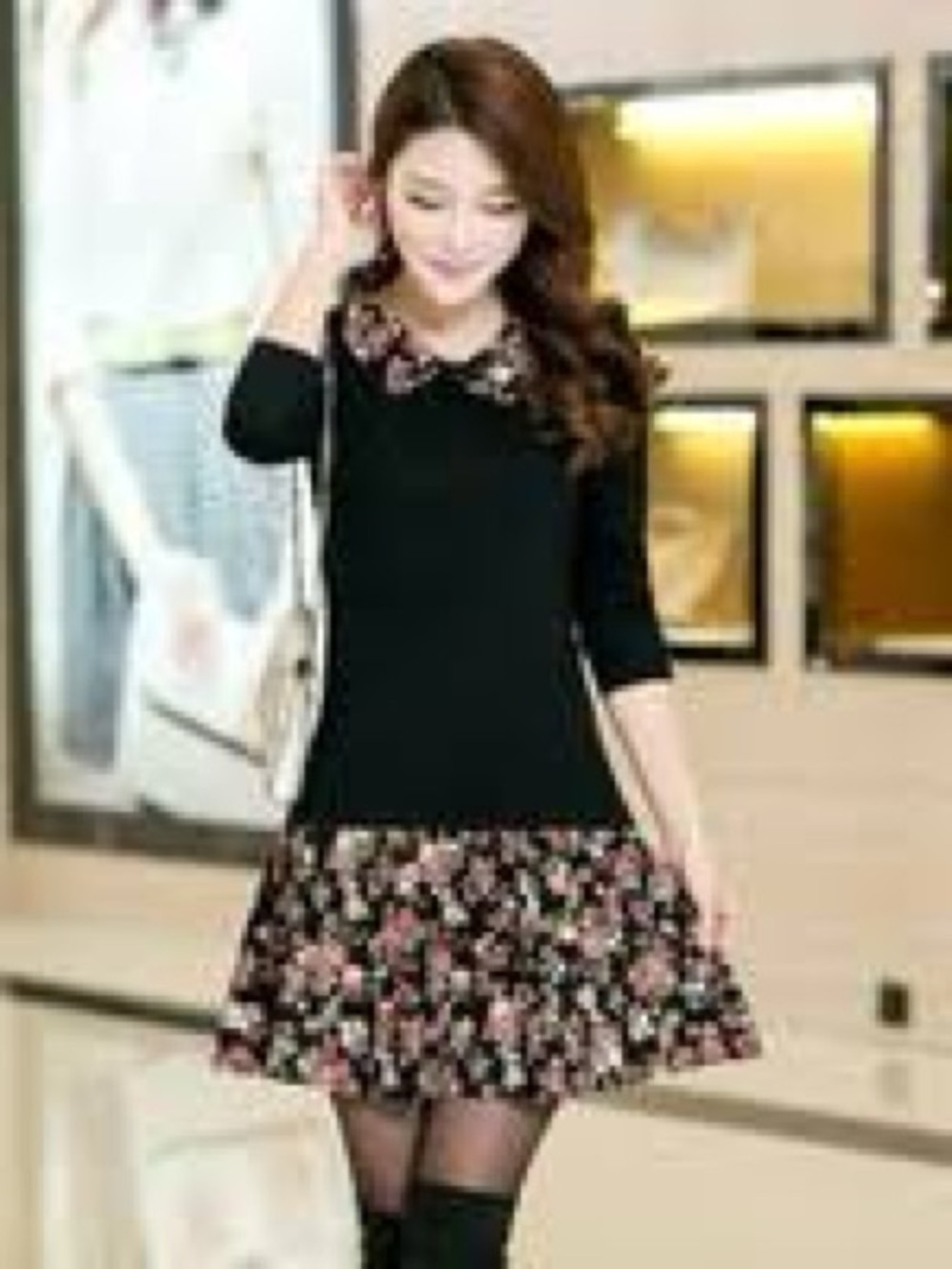 Black Sweater Dress with Floral Trim